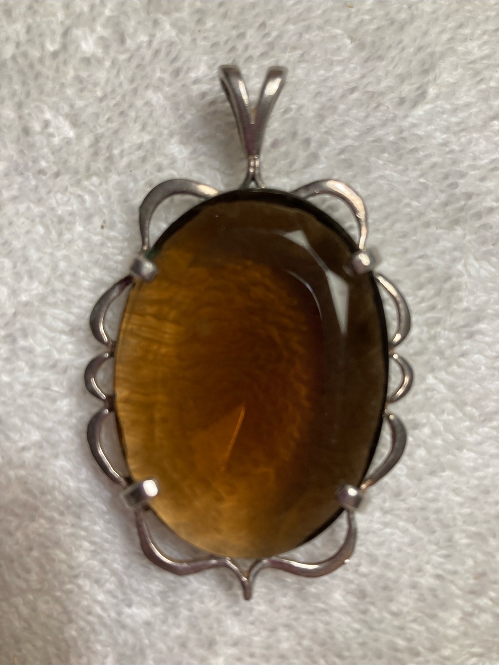 Amber-Tone Oval Stone Pendant in Silver Setting - Women Jewelry